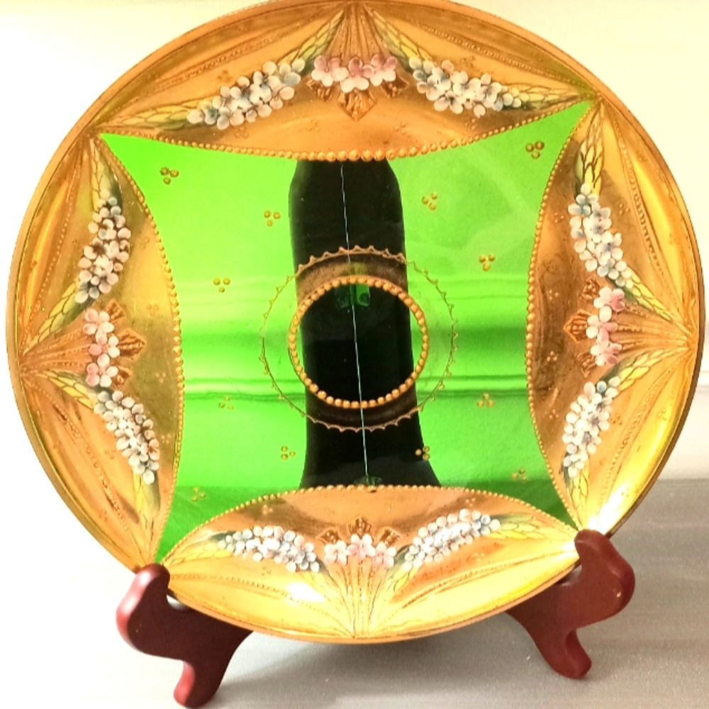 Art Glass, Bohemian Glass, gold, green Moser style, Bohemian, VictorianCzech